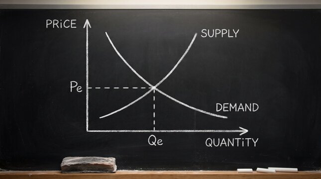 A clean educational chalkboard illustration of a classic supply and demand graph drawn with white chalk on a matte black chalkboard. The vertical axis is labeled Price with an upward arrow