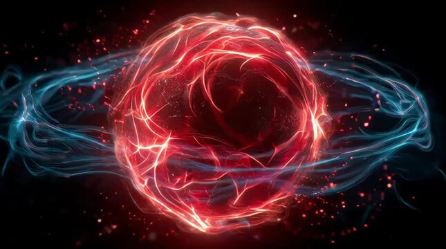Glowing red energy sphere. Abstract plasma orb with blue rings. Cosmic motion art.
