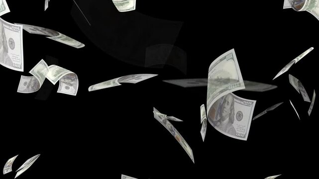 Money falling dollar banknotes on a transparent background. US dollar banknotes flying in super slow motion against black background.
Seamless US Dollars falling animation. dollars bills falling down.
