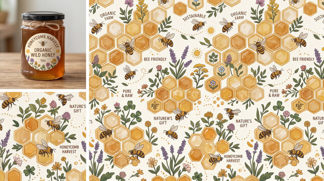 geometric honeycombs and gentle honeybees arranged in a structured sustainability themed pattern layout for organic farm product labels and sweet honeycomb textile prints