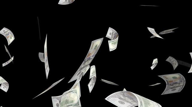 Money falling dollar banknotes on a transparent background. US dollar banknotes flying in super slow motion against black background.
Seamless US Dollars falling animation. dollars bills falling down.