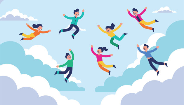 Cheerful young people floating and skydiving in the blue sky among soft clouds, enjoying freedom and adventure.