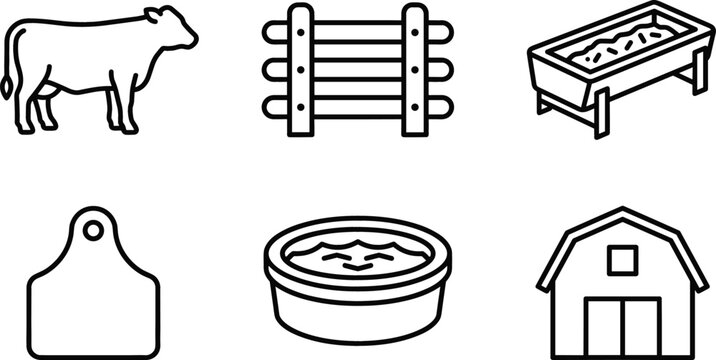 Livestock Ranch and Cattle Farming Line Icon Set with Cow, Wooden Fence, Feeding Trough, Ear Tag, Water Tub, and Barn Symbols