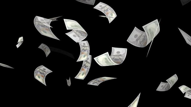 Money falling dollar banknotes on a transparent background. US dollar banknotes flying in super slow motion against black background.
Seamless US Dollars falling animation. dollars bills falling down.