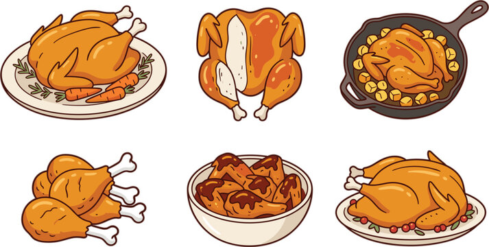 Roasted chicken vector set featuring whole turkey fried drumsticks barbecue wings thanksgiving dinner dishes and skillet meal illustrations.