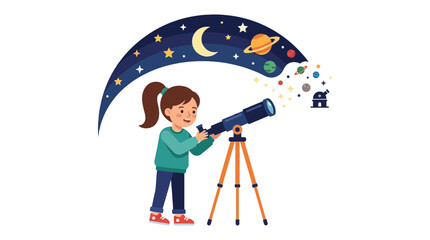 Little Girl Using Telescope to Explore Space and Planets © Gacor