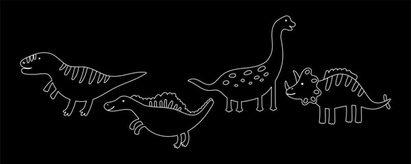White Outline Cute Dinosaur Set Element on Black Bg. Line Dino Animal Kit. Doodle Dinosaur Collection for Color Page Book. Vector Handdrawn Illustration © Anna Drozdova