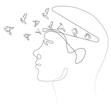 Continuous line art of a human profile with origami birds flying out of an open mind.

