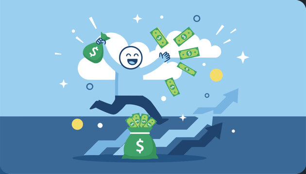 Happy cartoon man running with bags of cash and flying bills over ascending charts to represent successful financial growth.