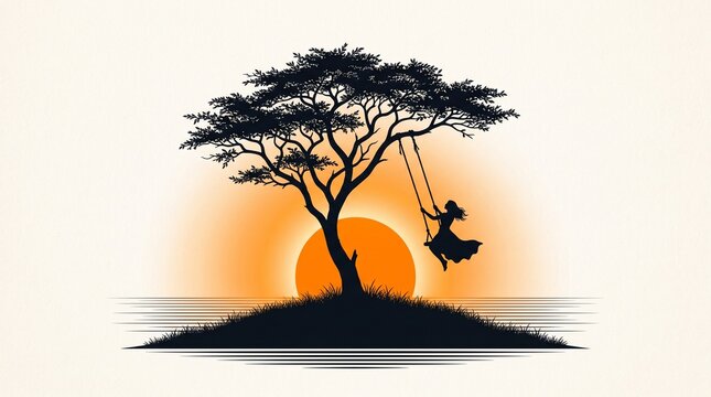 Elegant Hariyali Teej Swing Silhouette beneath Sunset Tree Minimal Illustration with Nature Theme for Festival Greeting Background Design