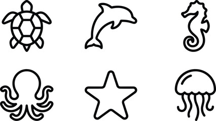 Fototapeta premium Marine Sea Life and Ocean Animal Line Icon Set with Sea Turtle, Dolphin, Seahorse, Octopus, Starfish, and Jellyfish Symbols