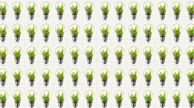 modern lightbulbs with fresh green plants growing inside arranged in a grid matrix layout repeating pattern for clean technology business card backdrops and creative prints