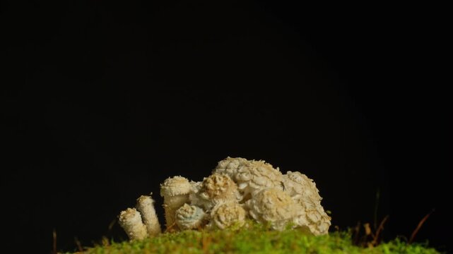 Macro time-lapse of wild mushrooms emerging from the forest floor and moss.