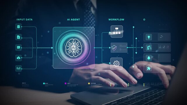 Business Professional Using AI Agent Workflow for Intelligent Automation, Data Processing and Secure Decision Making Analytics, Digital Big Data Transformation and Artificial Intelligence Technology