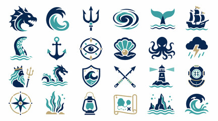 Collection of Nautical and Mythical Vector Icons. © Santi