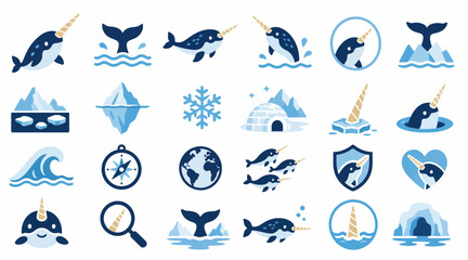 Collection of blue whale and ocean themed icons. © Santi