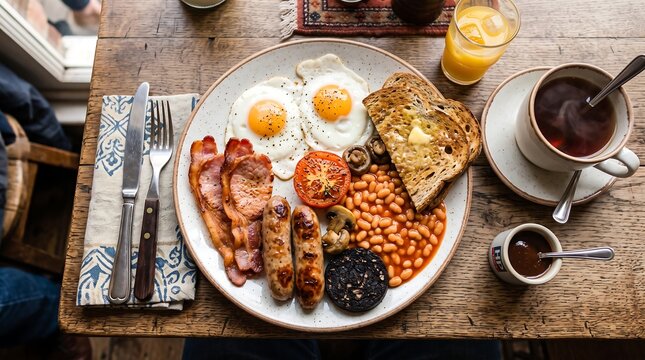A hearty english breakfast featuring fried eggs, bacon, sausages, baked beans, grilled tomato, mushrooms, black pudding, and buttered toast, served with tea and orange juice on a rustic wooden table.