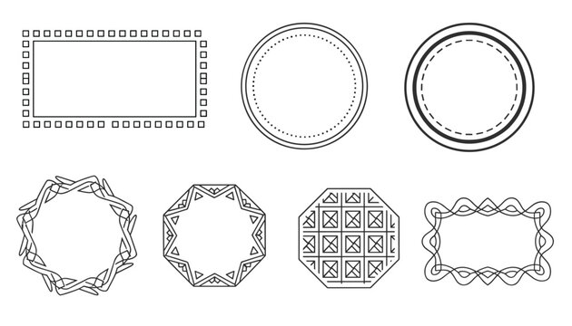 Set of seven simple black and white line frames with geometric details is displayed against a white background.