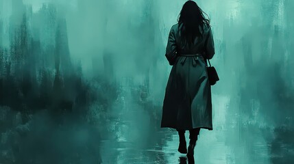 Obraz premium Woman in a long trench coat walks away into a mysterious and foggy urban environment during the twilight hours.