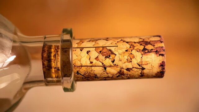 Close-up of a textured cork stopper sealing a clear glass bottle