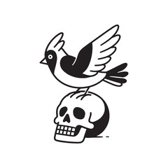 Obraz premium Gothic Illustration of a Raven Perched on a Human Skull