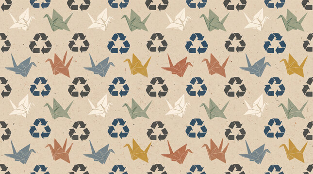origami paper cranes and recycling triangles in a minimalist handmade craft wallpaper repeating pattern layout for circular economy product packaging and art studio textures