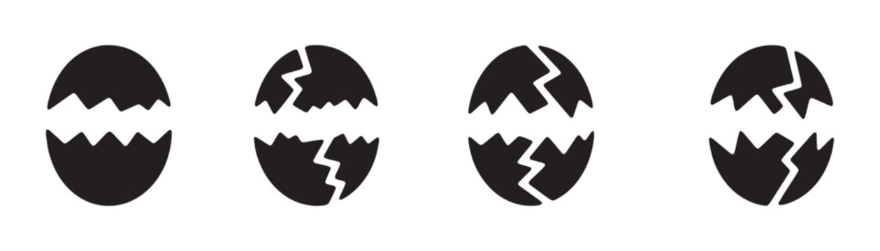 Set of cracked and broken egg icons, depicting stages of hatching or fragility, vector illustration.