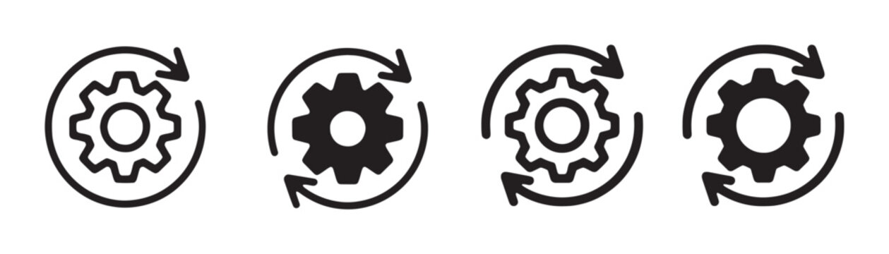Continuous process icon set showing a gear in a circle of arrows for repetition and updates.