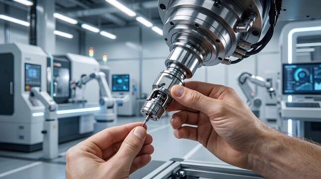 Technician calibrating high precision CNC machining tool in modern industrial facility.