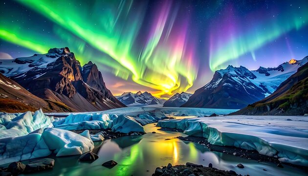 Vibrant aurora borealis dancing above snowy mountains and icy waters