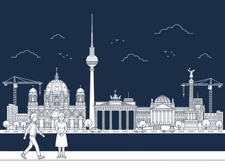 Berlin City Skyline Vector Illustration with Famous Landmarks and People © Geryy