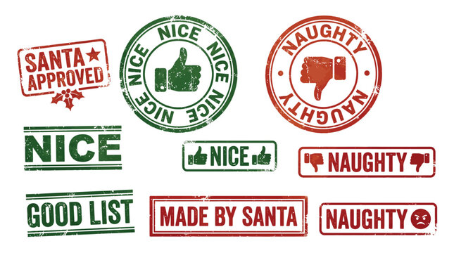 Colorful Nice and Naughty Christmas Stamps with Thumbs Up and Down for Holiday Approval