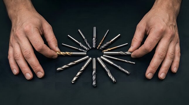 A pair of hands arranging a set of drill bits in a circular pattern on a dark background.