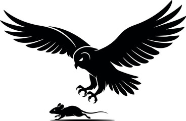 Obraz premium Silhouette of bird swooping down to catch mouse on white background in dramatic hunting scene illustration