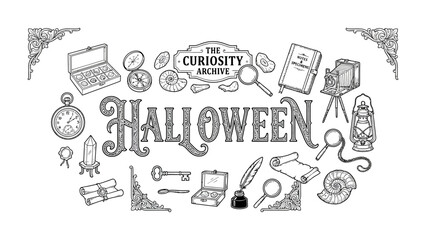 Halloween Curiosity Archive: A whimsical illustration for Halloween, featuring the word Halloween surrounded by vintage items like a laptop, compass, antique camera, scrolls, fossils. © Ayesa