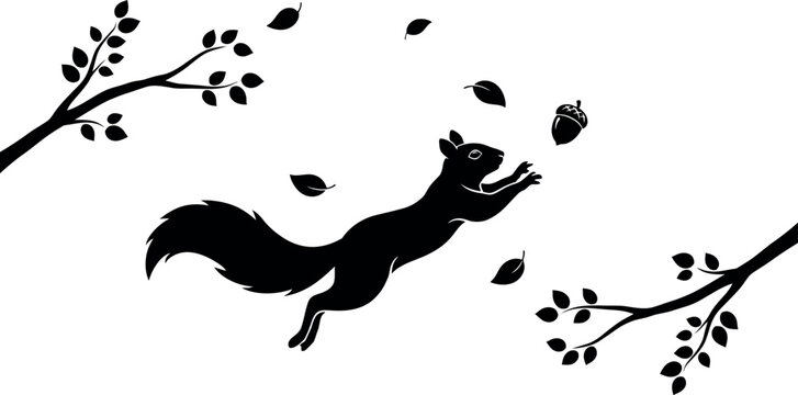 Black silhouette squirrel jumping to catch acorn on white background with falling leaves and branches