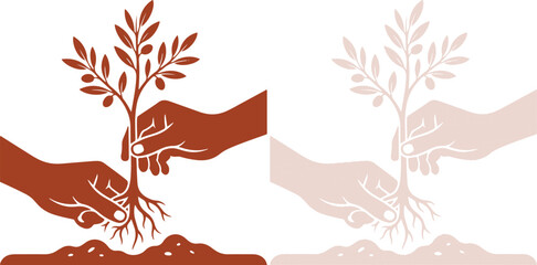 Hands holding a growing plant for environmental peace and ecological balance silhouette vector graphic design modern illustration art © Aziaur R.