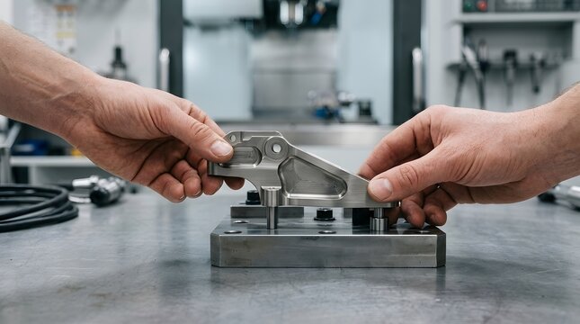 Engineer installing a metal mechanical part onto a machine fixture in a workshop.