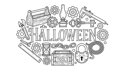 Obraz premium Steampunk Halloween Toolkit: A collection of vintage tools and mechanical elements, including gears, a toolbox, and keys, arranged around the word Halloween in a whimsical, steampunk-inspired design.