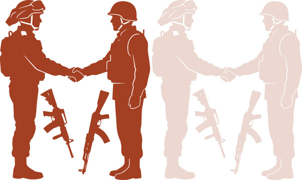 Light beige vector illustration portraying two armed soldiers engaging in peaceful handshake symbolizing end of tragic warfare