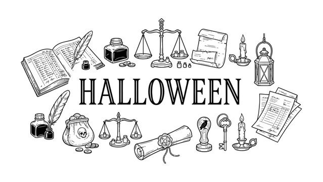 Halloween Law and Order Concept: A vintage illustration depicting elements of law, justice, and old-fashioned documents surrounding the word Halloween.
