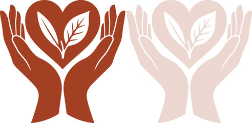 Dark brown vector silhouette showing caring hands holding a lovely heart constructed entirely of thriving beautiful green leaves