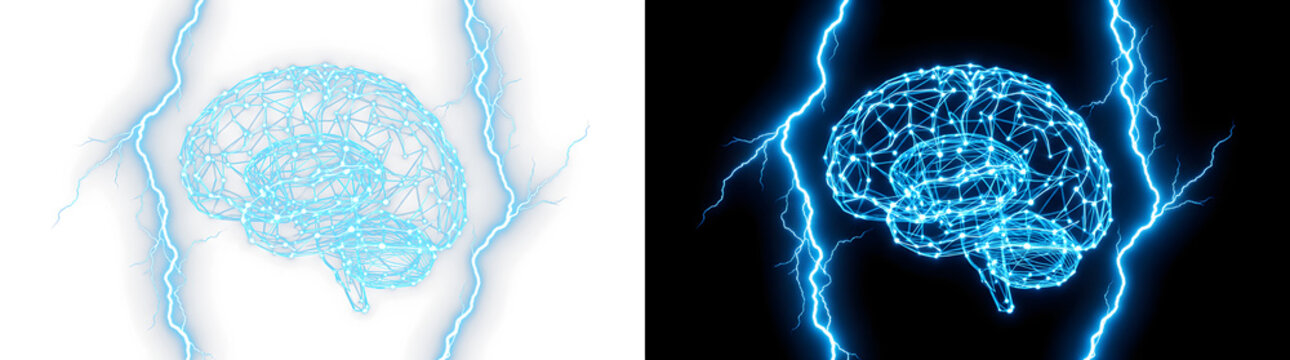 Digital wireframe human brain model with electrical lightning bolts wireframe lightning electric