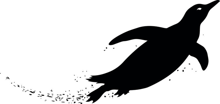 Silhouette of a penguin swimming in water with splashes isolated on white background in a minimalist style
