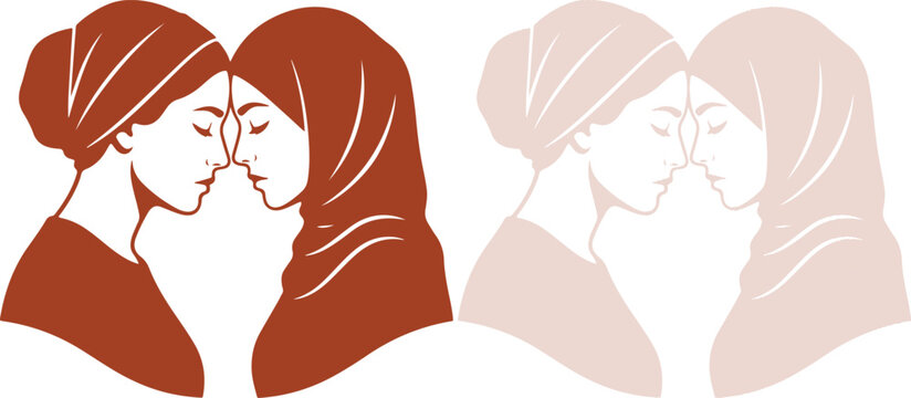 Light beige vector artwork showing two emotional friends sharing a deep meaningful hug portraying unbreakable positive multicultural bonds