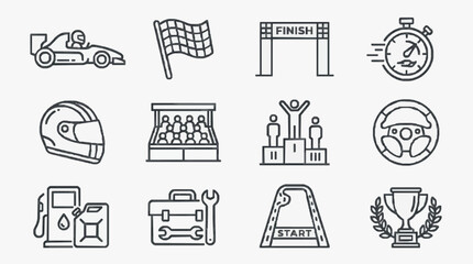 Professional Black and White Line Set of Racing and Competition Themed Icons for Sports Motorsport and Events © Idris