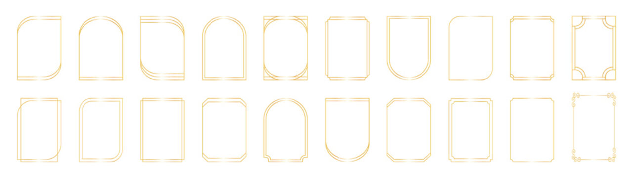 Thin vintage gold frame for your design. Set of luxury gold frames collection. Vintage cover. Set of geometric gold frame. Gold geometric borders in art deco style. Minimal decoration element,