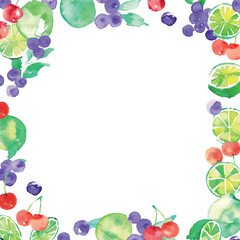 Obraz premium 水彩で描いたライム・ブルーベリー・さくらんぼの夏フレーム・背景素材セット Watercolor Summer Fruit Frame Set with Lime, Blueberries and Cherries on White Background 