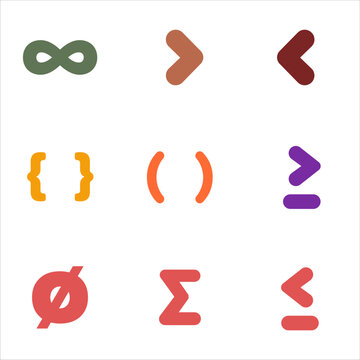 A charming set of hand-drawn style icons featuring math and coding symbols including infinity, arrows, brackets, parentheses, sigma, and null sign.