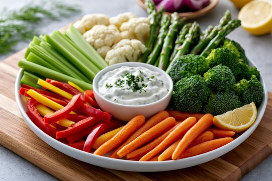 Fresh vegetable crudites platter with healthy dip